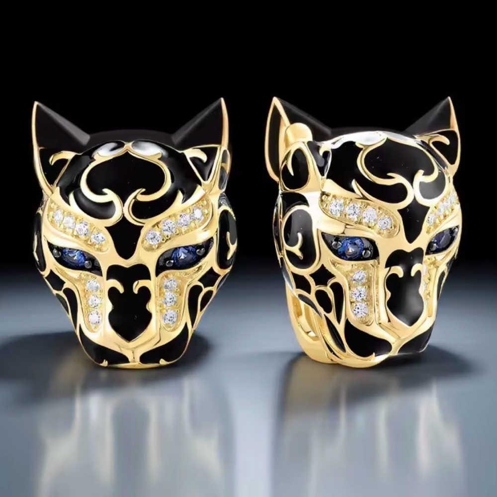 18K Gold With Black Enamel Panther Hoop Earrings Sapphire & Diamond Accents